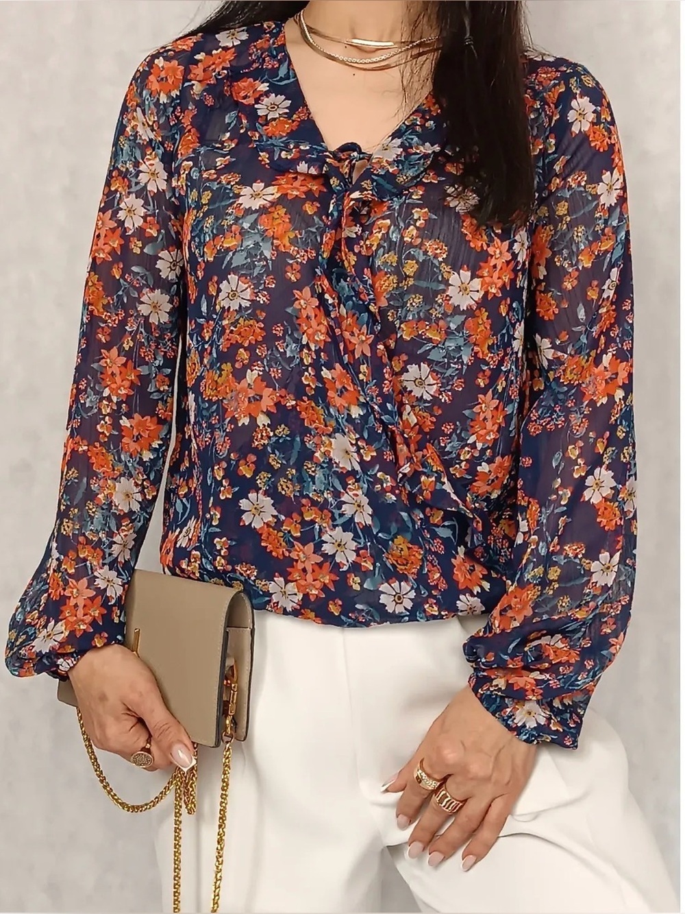 👚 Mossimo Floral Blouse Wrap Style Semi Sheer Long Sleeve Top size  Medium
